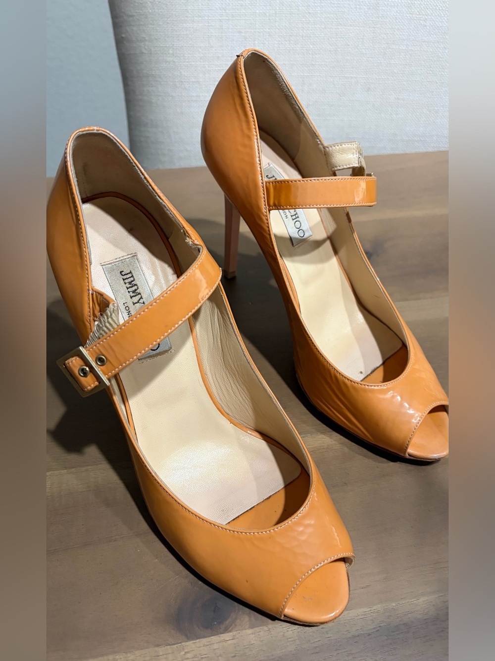 Vintage Jimmy Choo vintage Women's Tan Peep-Toe Mary Jane Pumps 40 1/2